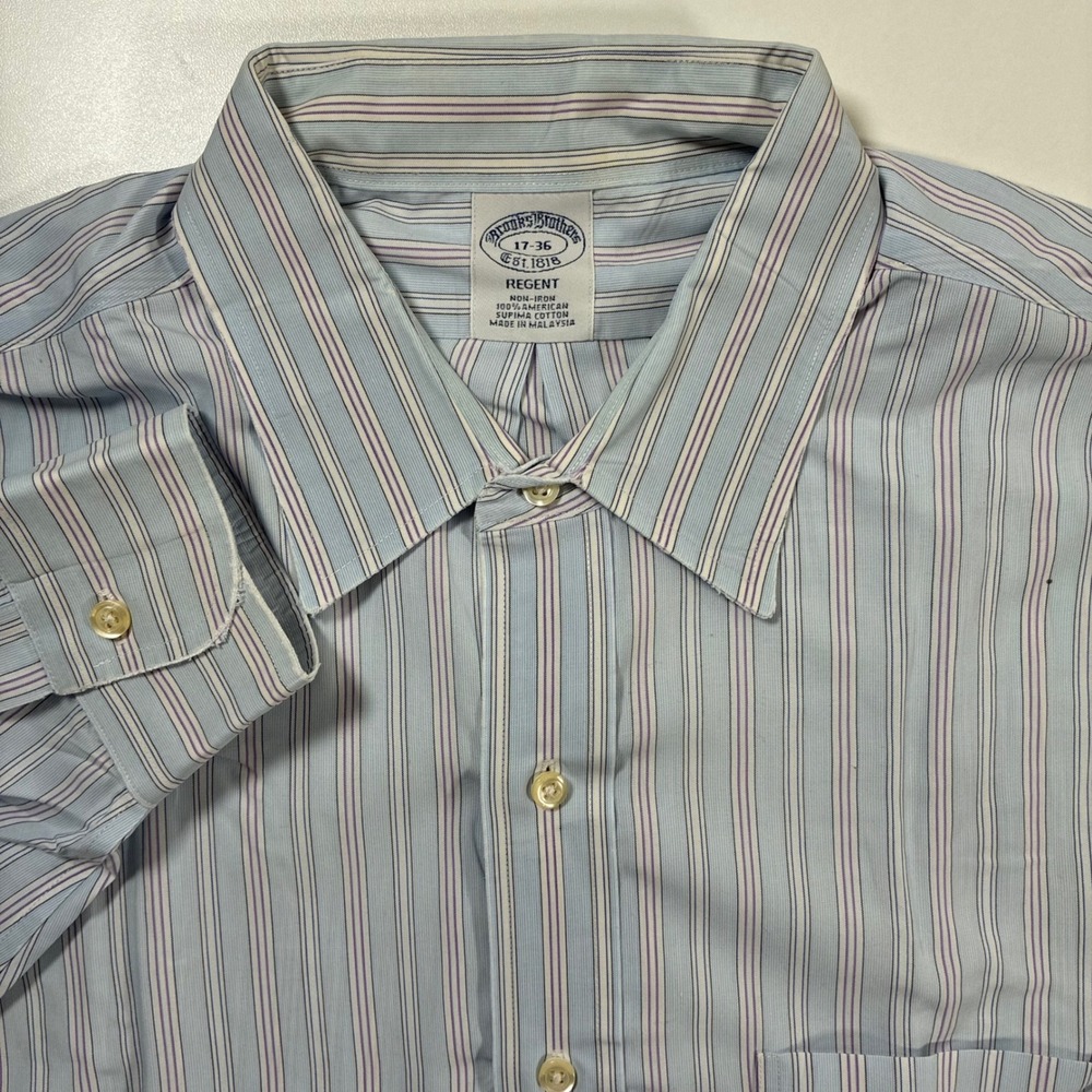 Brooks Brothers Dress Shirt 17-36 Blue Regent Fit Striped Supima Cotton